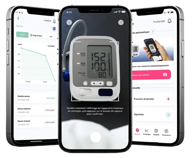 Captures d’écran de l’application mobile Eternity Assistant montrant les tendances de glycémie et l’extraction des mesures de tension artérielle à l’aide de l’IA depuis une photo d’un appareil