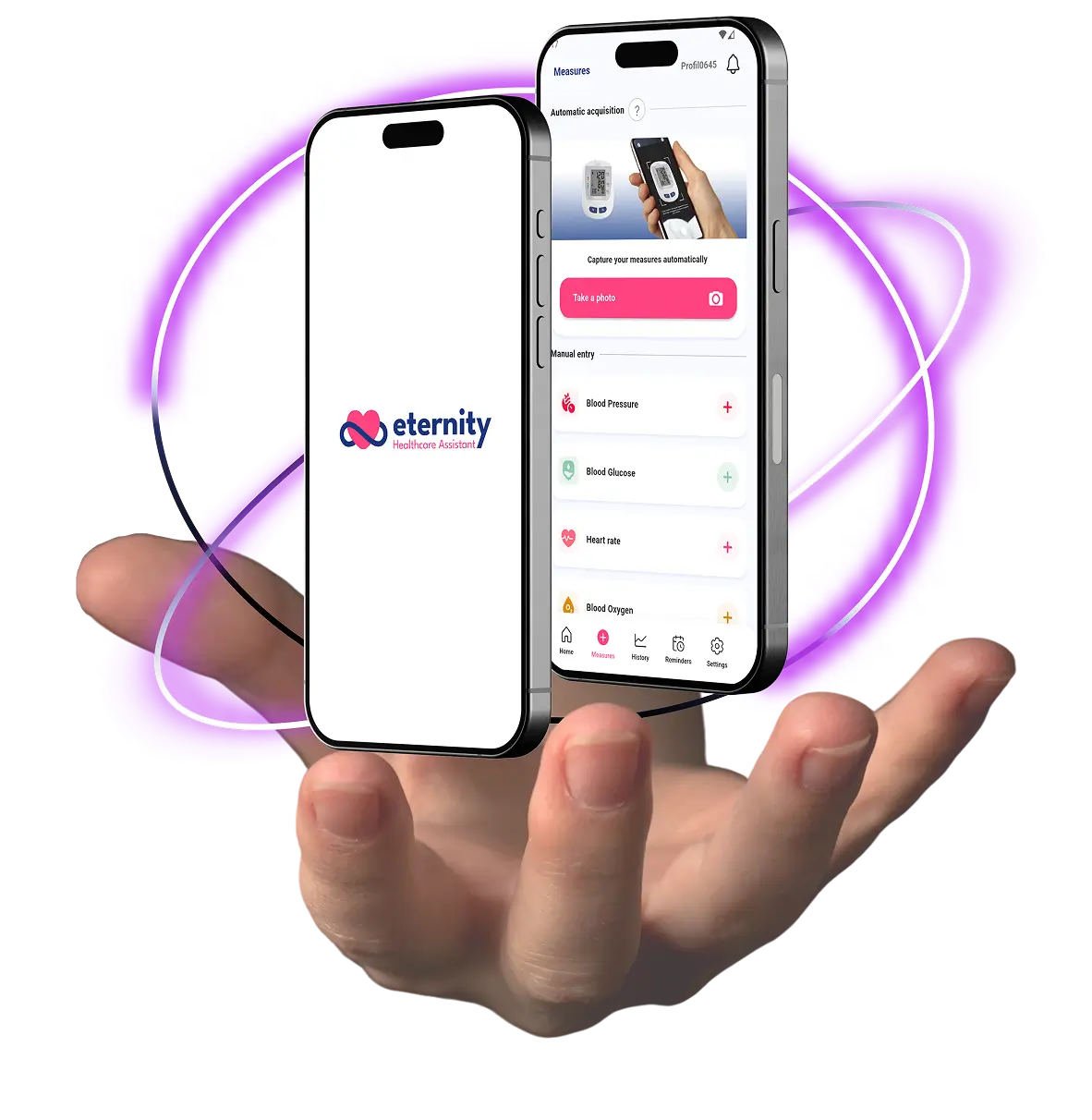 Hand presenting the Eternity health app interface with a magical glow effect, symbolizing innovation and accessibility in health monitoring.