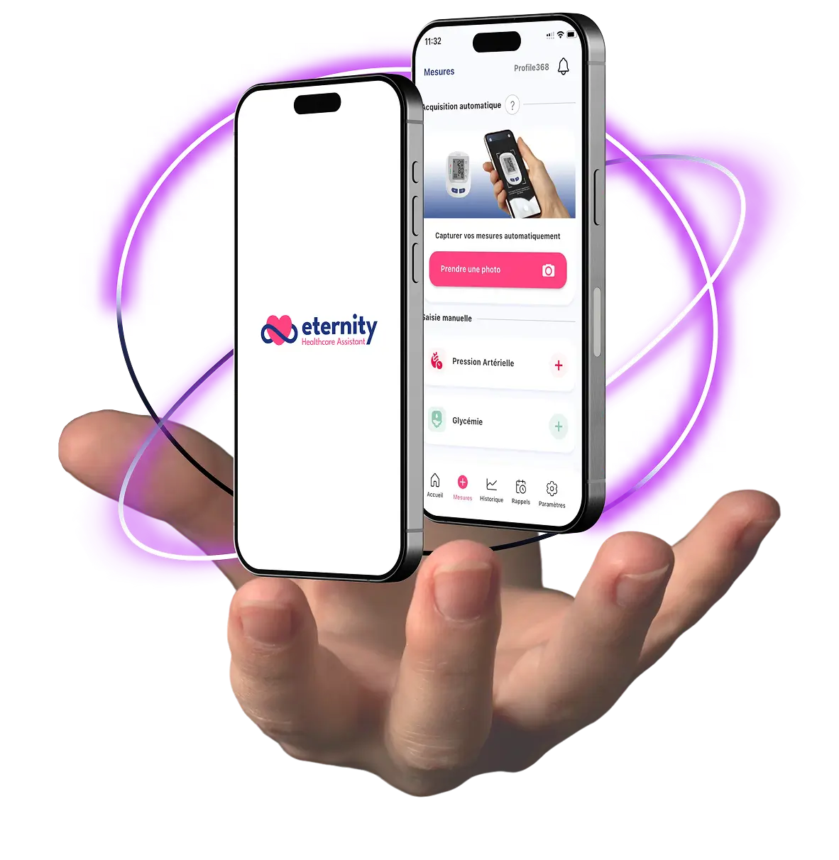Main présentant l’application santé Eternity avec un effet lumineux magique, symbolisant l’innovation et la simplicité du suivi de santé.