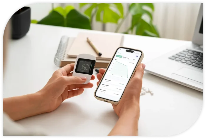Application Eternity Healthcare Assistant affichée sur un smartphone, démontrant l’extraction automatique des mesures à partir de photos d’appareils médicaux
