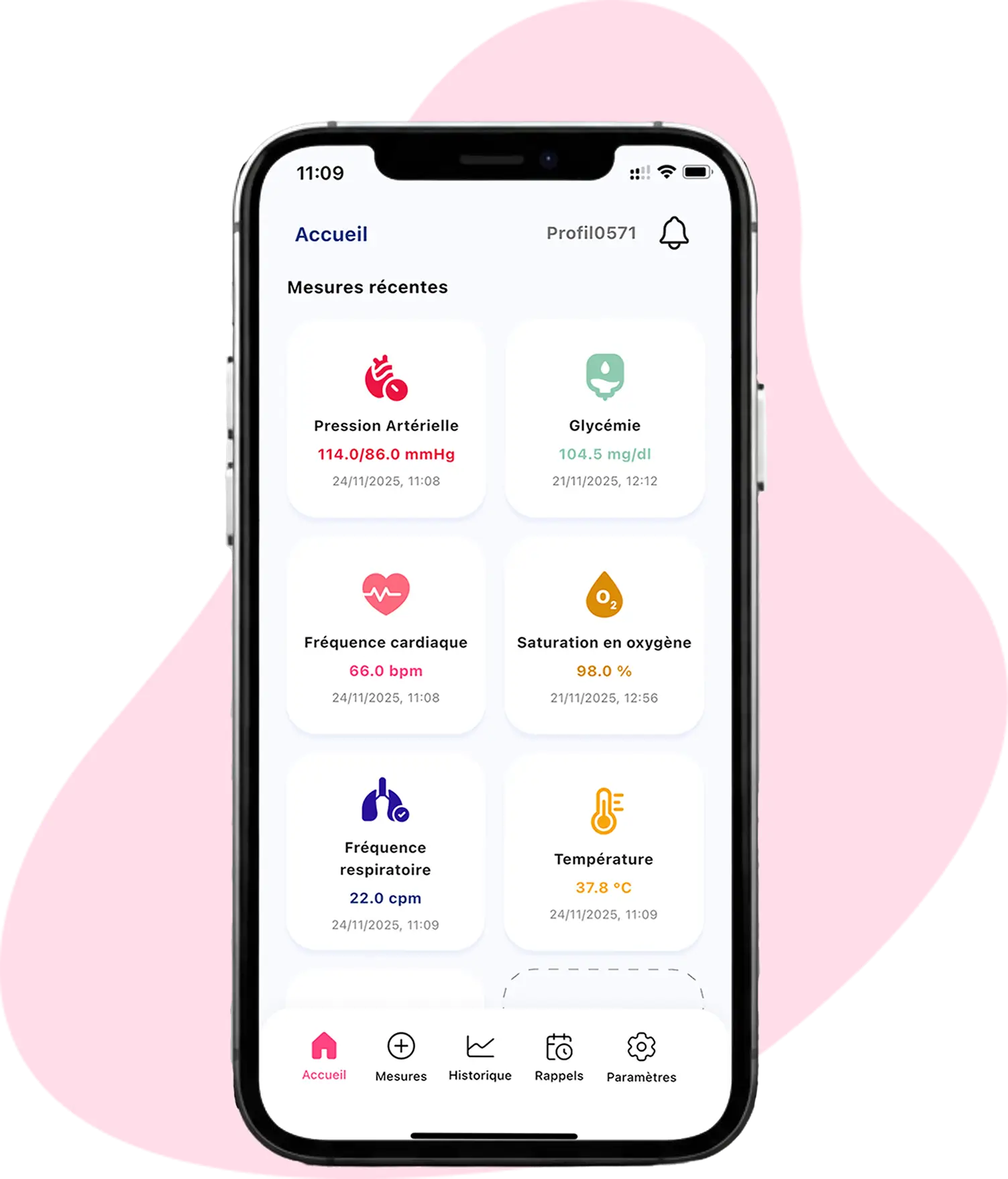 Capture d’écran de l’application Eternity montrant les dispositifs médicaux compatibles tels que tensiomètre, glucomètre, capteur de fréquence cardiaque, thermomètre, oxymètre et balance.
